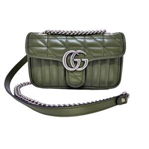 GUCCI CALFSKIN MATELASSE ARIA SMALL GG MARMONT SHOULDER BAG GREEN NWOT